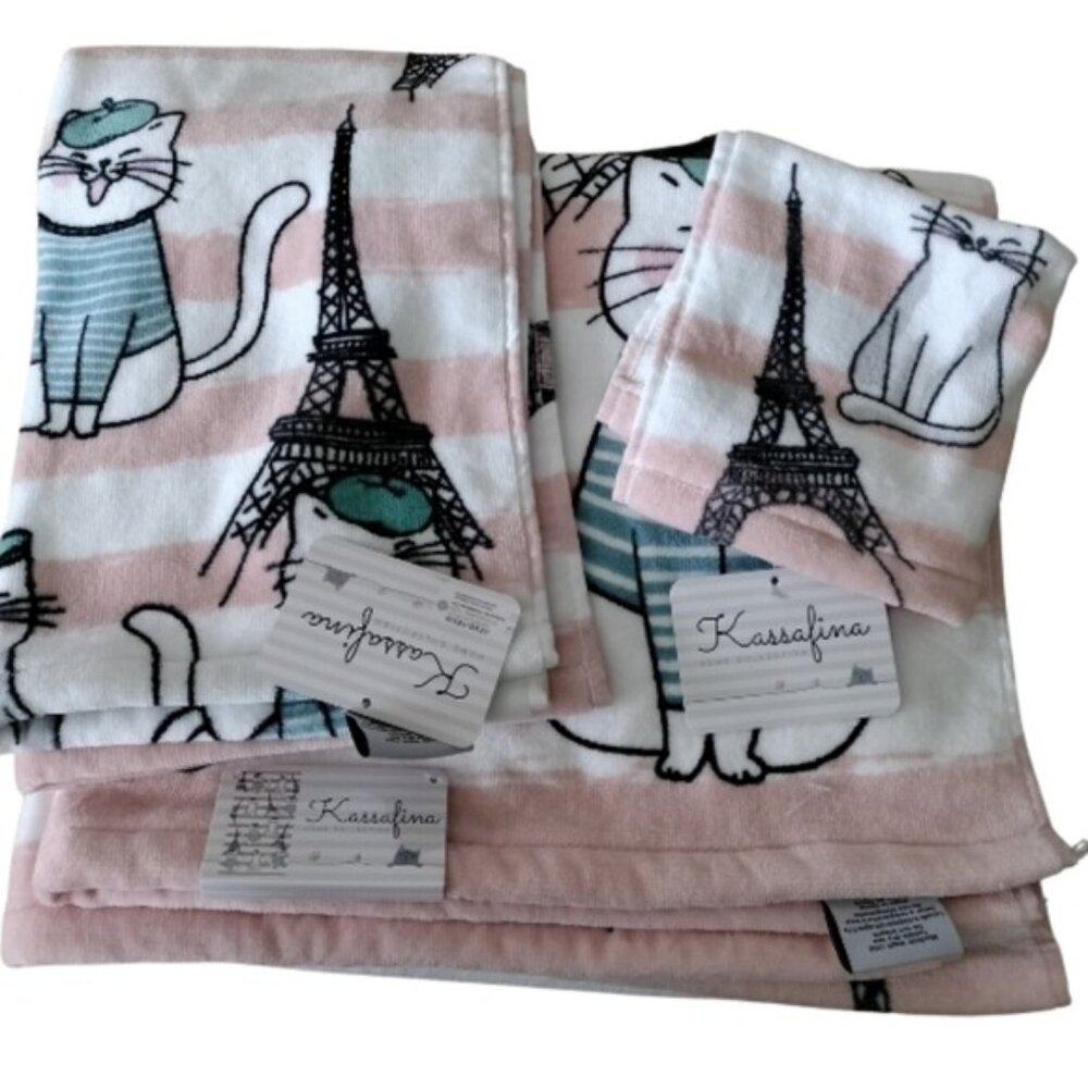 Kassafina Home Collection Laughing French Kitty Bath + Hand Towels, Washclot…
